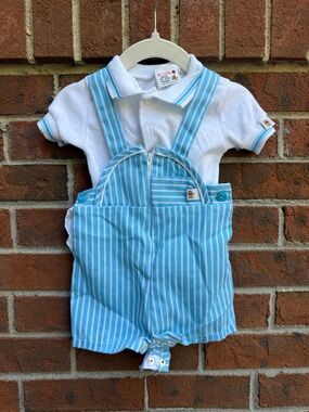 Vintage 90s Winnie The Pooh Blue Overalls Shortalls Size 3-6 Months Baby